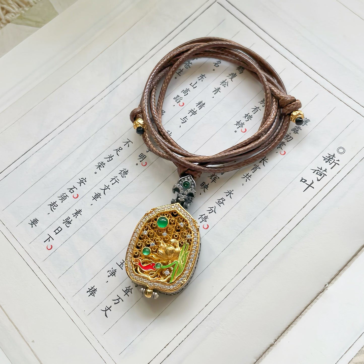 Original Handcrafted Gilded Silver Ganshan Box Pendant with Enamel Lotus & Koi Design · Eastern Protector Talisman
