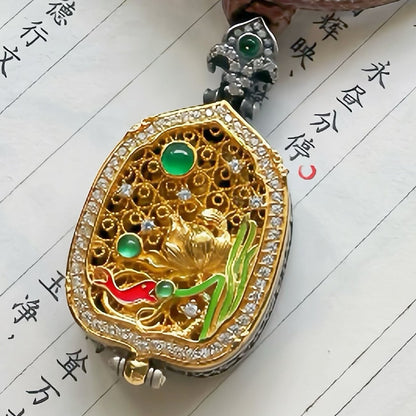 Original Handcrafted Gilded Silver Ganshan Box Pendant with Enamel Lotus & Koi Design · Eastern Protector Talisman