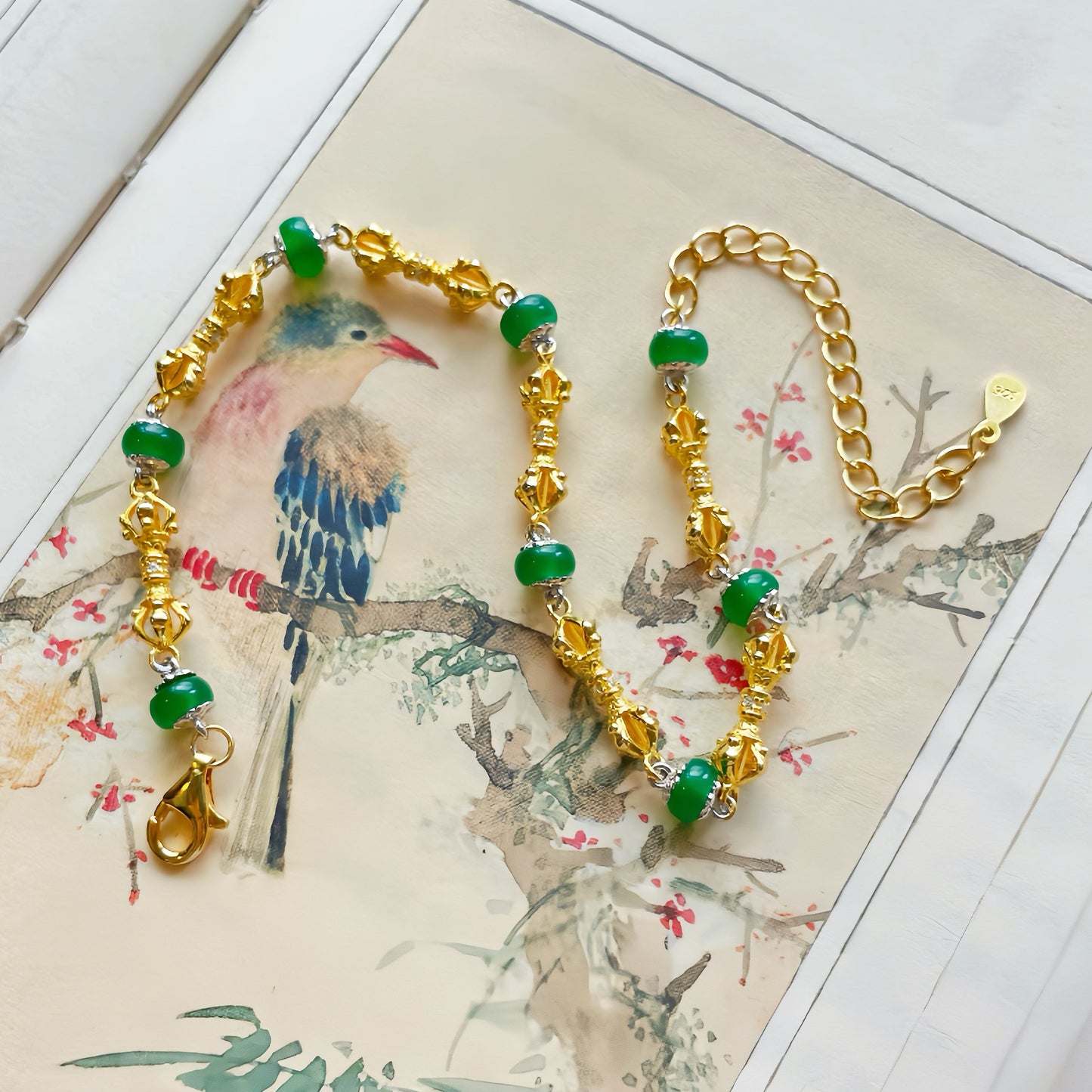 Original Silver-Gilt Vajra & Green Agate Bead Bracelet