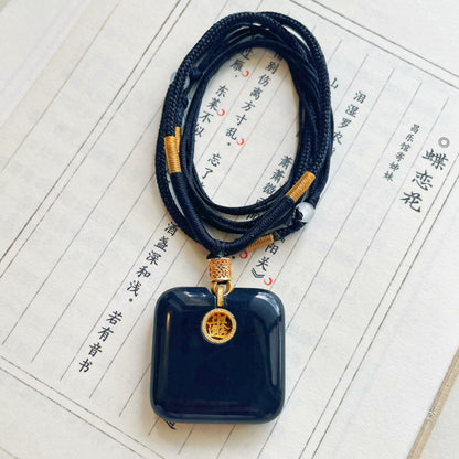 Original Handcrafted Black Jade & Gilded Silver "Daily Wealth" Square Pendant · Fortune Inscription · Adjustable Black Cord