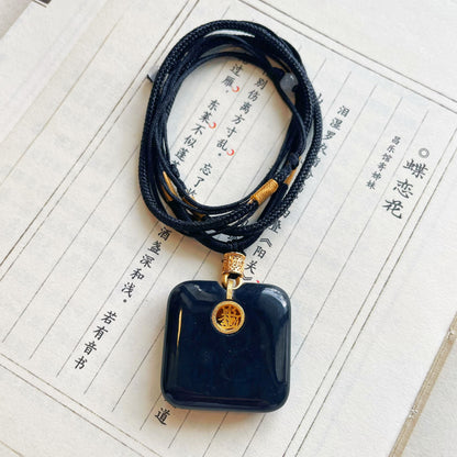Original Handcrafted Black Jade & Gilded Silver "Daily Wealth" Square Pendant · Fortune Inscription · Adjustable Black Cord