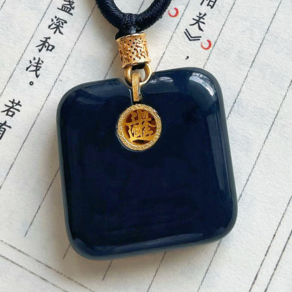 Original Handcrafted Black Jade & Gilded Silver "Daily Wealth" Square Pendant · Fortune Inscription · Adjustable Black Cord