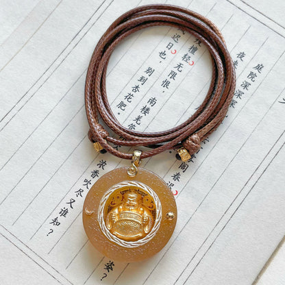 Original Handcrafted Yellow Jade & Gilded Silver Caishen Pendant · Fortune & Prosperity Talisman · Adjustable Brown Cord