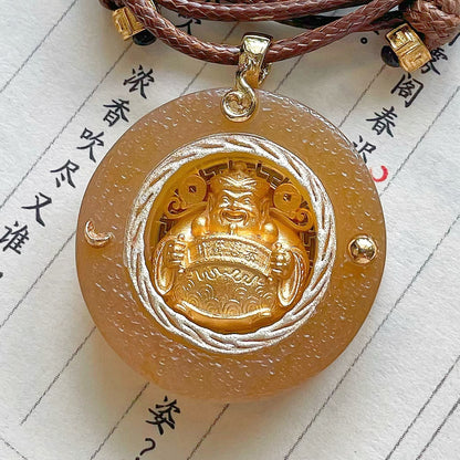 Original Handcrafted Yellow Jade & Gilded Silver Caishen Pendant · Fortune & Prosperity Talisman · Adjustable Brown Cord