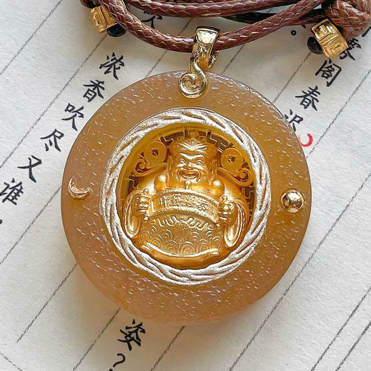 Original Handcrafted Yellow Jade & Gilded Silver Caishen Pendant · Fortune & Prosperity Talisman · Adjustable Brown Cord