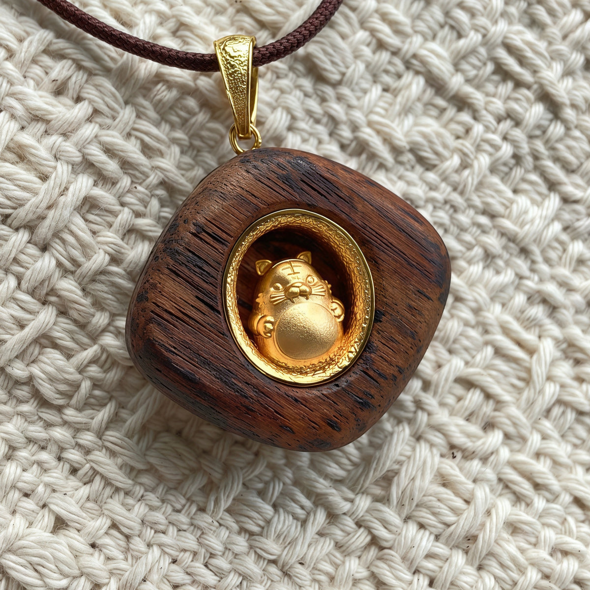 Wood Tiger Zodiac Necklace – Gold Plated Birth Animal Pendant – Custom Engraved