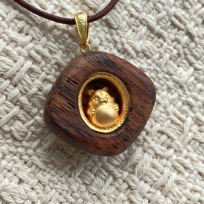 Wood Tiger Zodiac Necklace – Gold Plated Birth Animal Pendant – Custom Engraved
