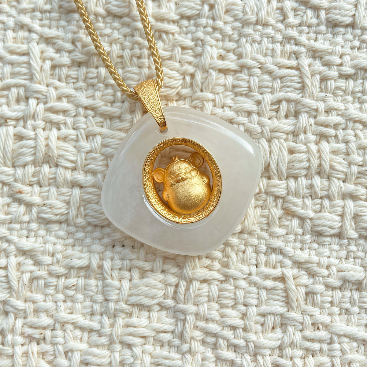 Monkey Birth Animal Pendant – Protect Your True Self – Natural Jade Gold Plated – Adjustable Cord