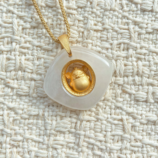 Monkey Birth Animal Pendant – Protect Your True Self – Natural Jade Gold Plated – Adjustable Cord