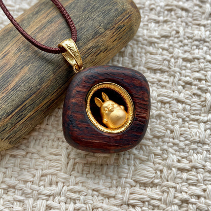 Wood Rabbit Zodiac Necklace – Gold Plated Birth Animal Pendant – Custom Engraved