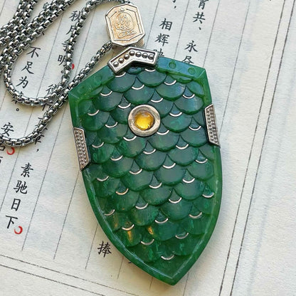 Original Design Hand-Polished Natural Jade 925 Sterling Silver Gold-Plated Dragon Scale Armor Pendant