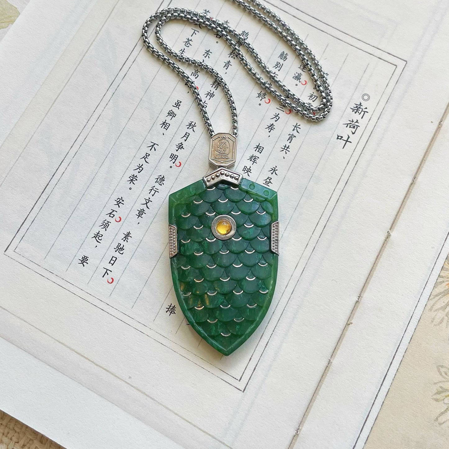 Original Design Hand-Polished Natural Jade 925 Sterling Silver Gold-Plated Dragon Scale Armor Pendant