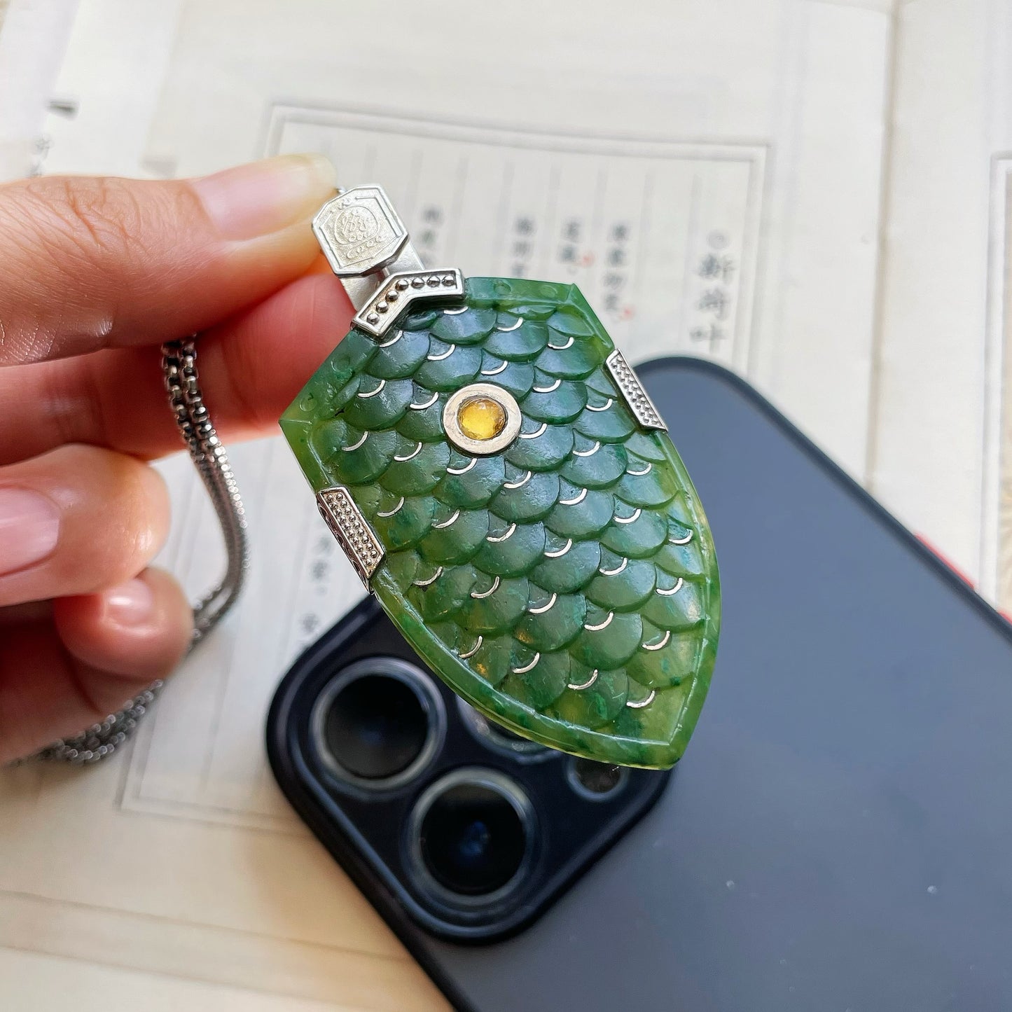 Original Design Hand-Polished Natural Jade 925 Sterling Silver Gold-Plated Dragon Scale Armor Pendant