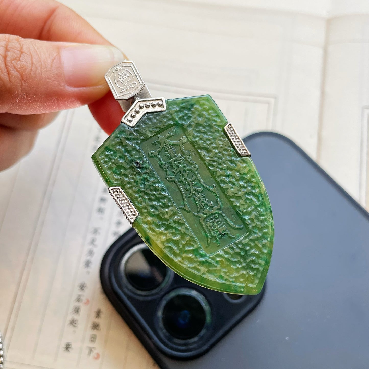Original Design Hand-Polished Natural Jade 925 Sterling Silver Gold-Plated Dragon Scale Armor Pendant