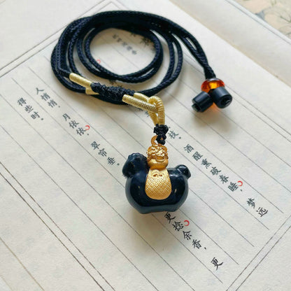 Handmade Natural Jade Copper Gold-Plated Small Horse Money Bag Pendant