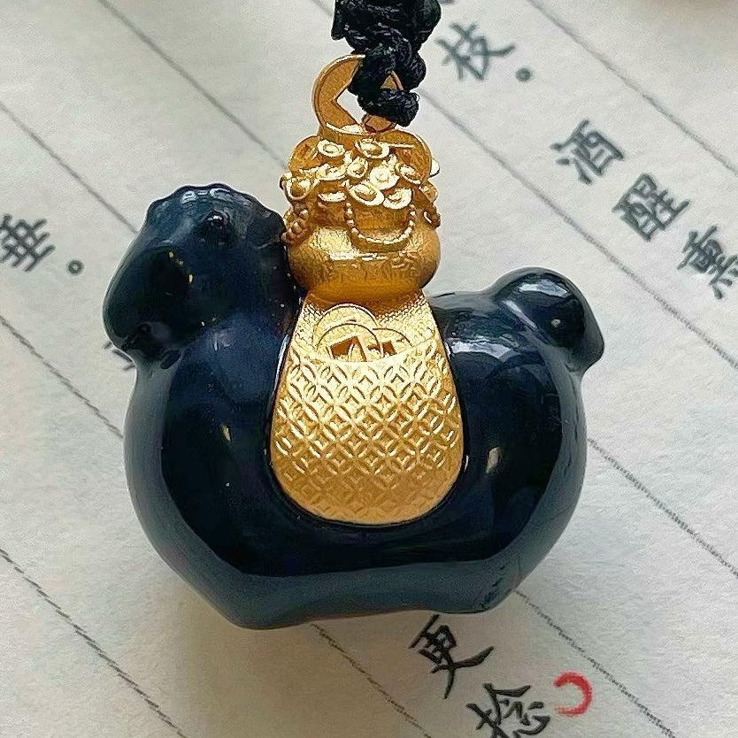 Handmade Natural Jade Copper Gold-Plated Small Horse Money Bag Pendant