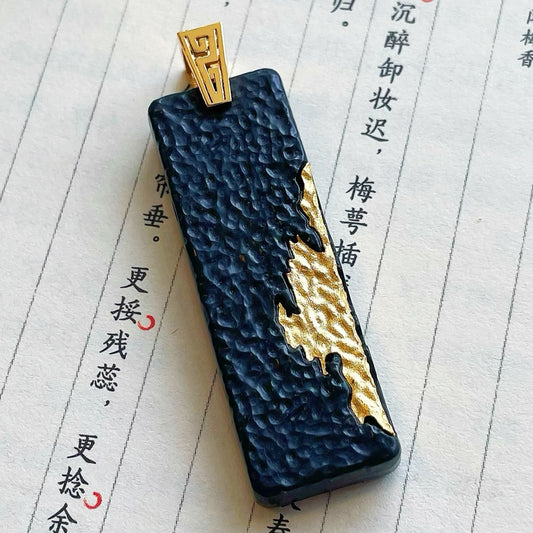 Original Handcrafted Metal-Inlay Natural Jade 925 Sterling Silver Gold-Plated "Golden Wealth" Pendant