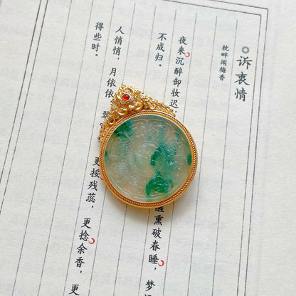 Original Design Natural Jade Copper-Gilt Eight Treasures Compass Chinese Style Pendant