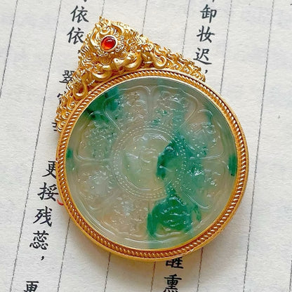 Original Design Natural Jade Copper-Gilt Eight Treasures Compass Chinese Style Pendant