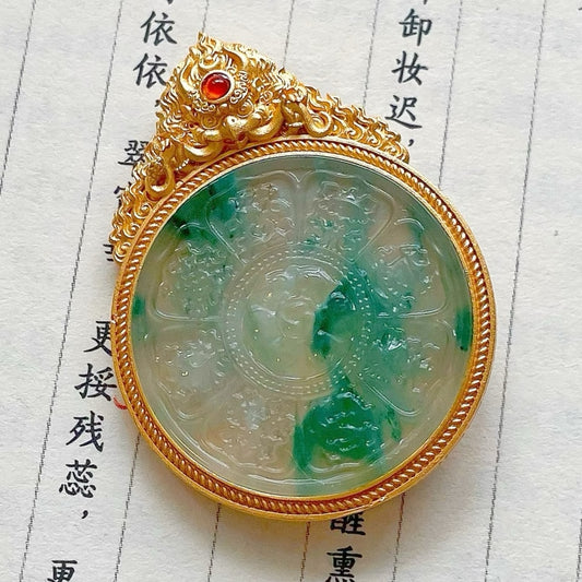 Original Design Natural Jade Copper-Gilt Eight Treasures Compass Chinese Style Pendant