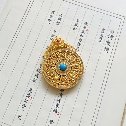 Original Design Natural Jade Copper-Gilt Eight Treasures Compass Chinese Style Pendant