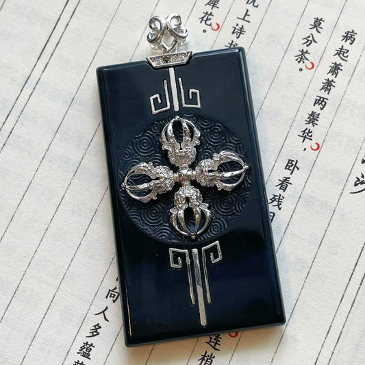 Original Design Natural Jade 925 Sterling Silver Gold-Plated Cross Vajra Pendant