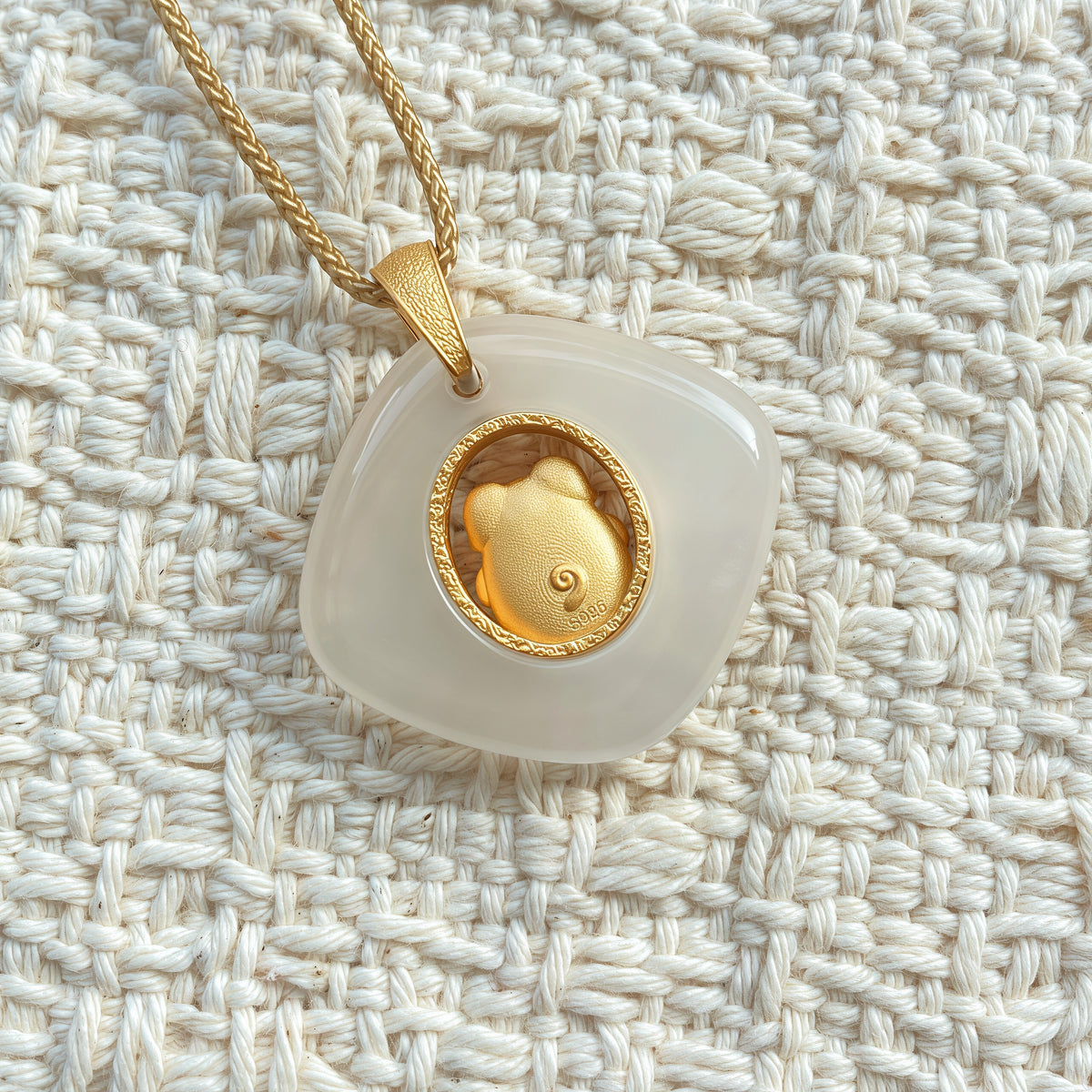 Pig Birth Animal Pendant – Protect Your True Self – Natural Jade Gold Plated – Adjustable Cord