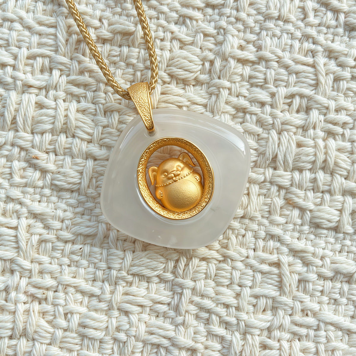 Dog Birth Animal Pendant – Protect Your True Self – Natural Jade Gold Plated – Adjustable Cord