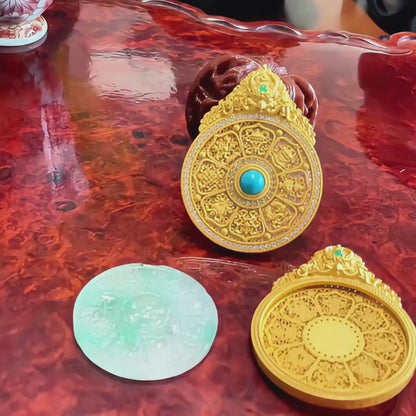 Original Design Natural Jade Copper-Gilt Eight Treasures Compass Chinese Style Pendant