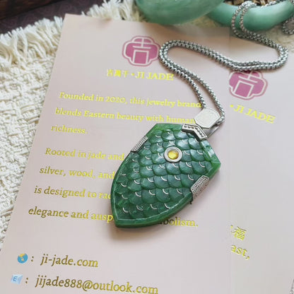 Original Design Hand-Polished Natural Jade 925 Sterling Silver Gold-Plated Dragon Scale Armor Pendant