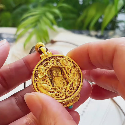 Handcrafted Silver Gold-Plated Dunhuang Flying Apsaras Guanyin Pendant · Openwork Carved Design · Adjustable Brown Cord